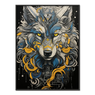 čierno-žltá maľba hlavy vlka